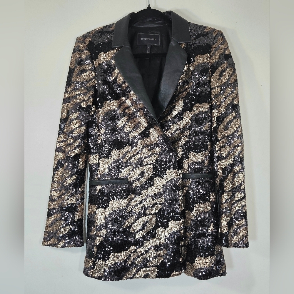 BCBGMAXZRIA SEQUIN LEOPARD PRINT TUXEDO BLAZER.